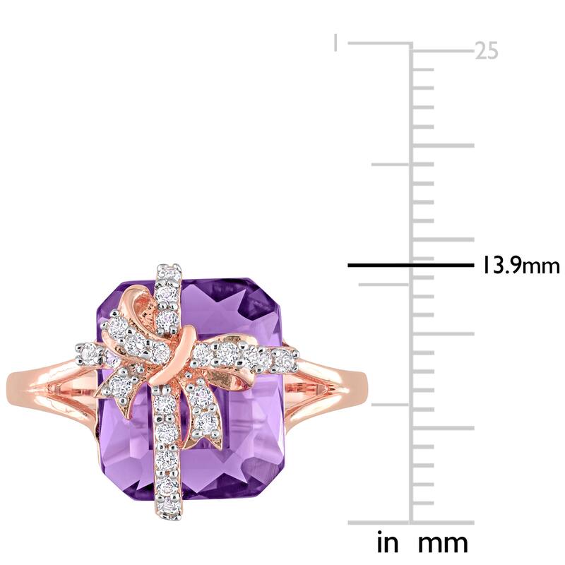 Miadora Octagon Amethyst & White Topaz Bow Split Shank Cocktail Ring in Rose Plated Sterling Silver