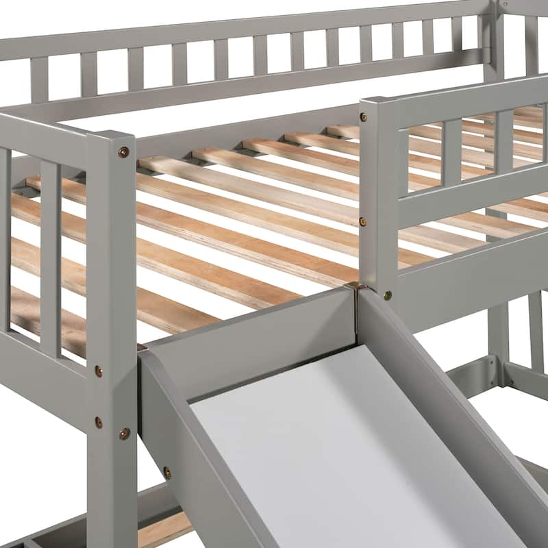 Stairway Twin over Twin Bunk Bed with Two Drawers, Slide, and Convertible Ladder, Gray