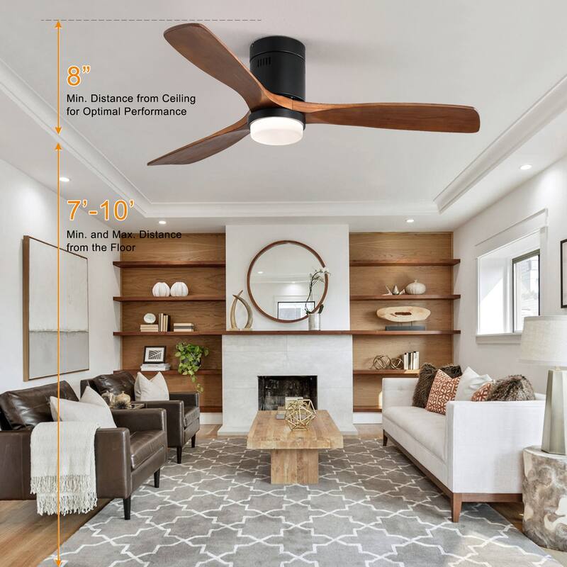52" Flush Mount Ceiling Fan with Light, Noiseless Reversible Motor Ceiling Fan for Indoor Outdoor, 3 Solid Wood Fan Blades - Black+Walnut