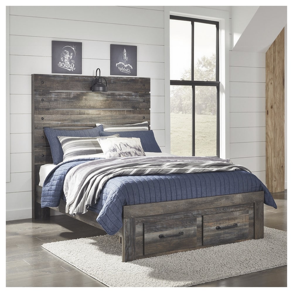 Drystan Rustic Brown Panel Bed with Footboard Storage Drawers