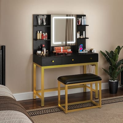 Moasis 39"W Makeup Vanity Set with Lighted Mirror & Hidden Storage & Stool