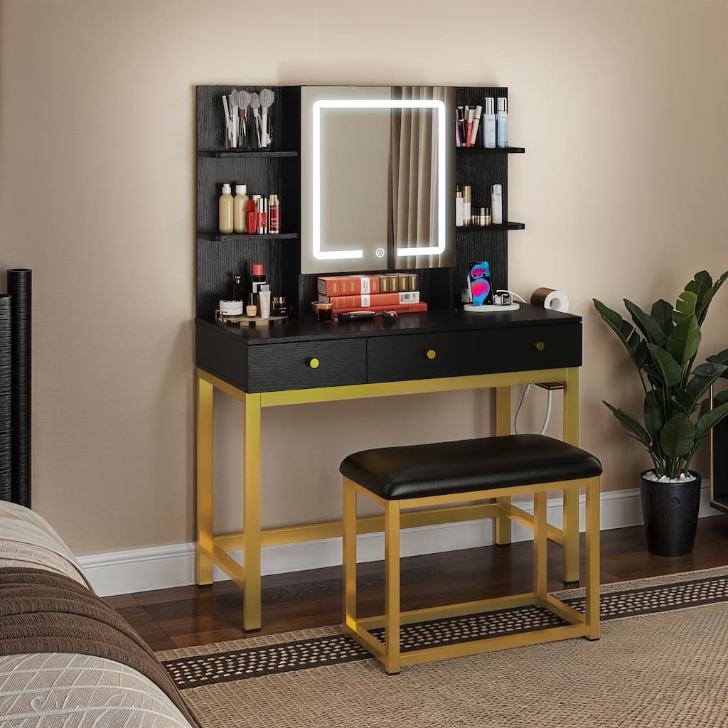 Moasis 39"W Makeup Vanity Set with Lighted Mirror & Hidden Storage & Stool