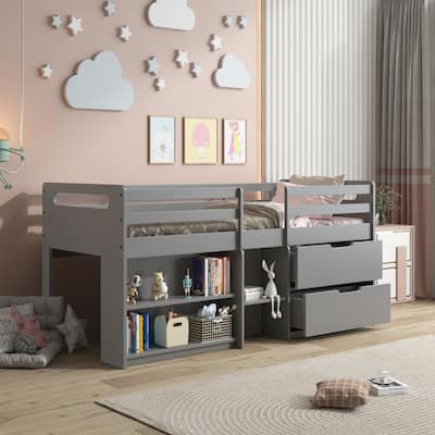 Gray Twin Size Solid Wood Loft Bed with Storage and Fence for Kids, Boys and Girls, Bedroom