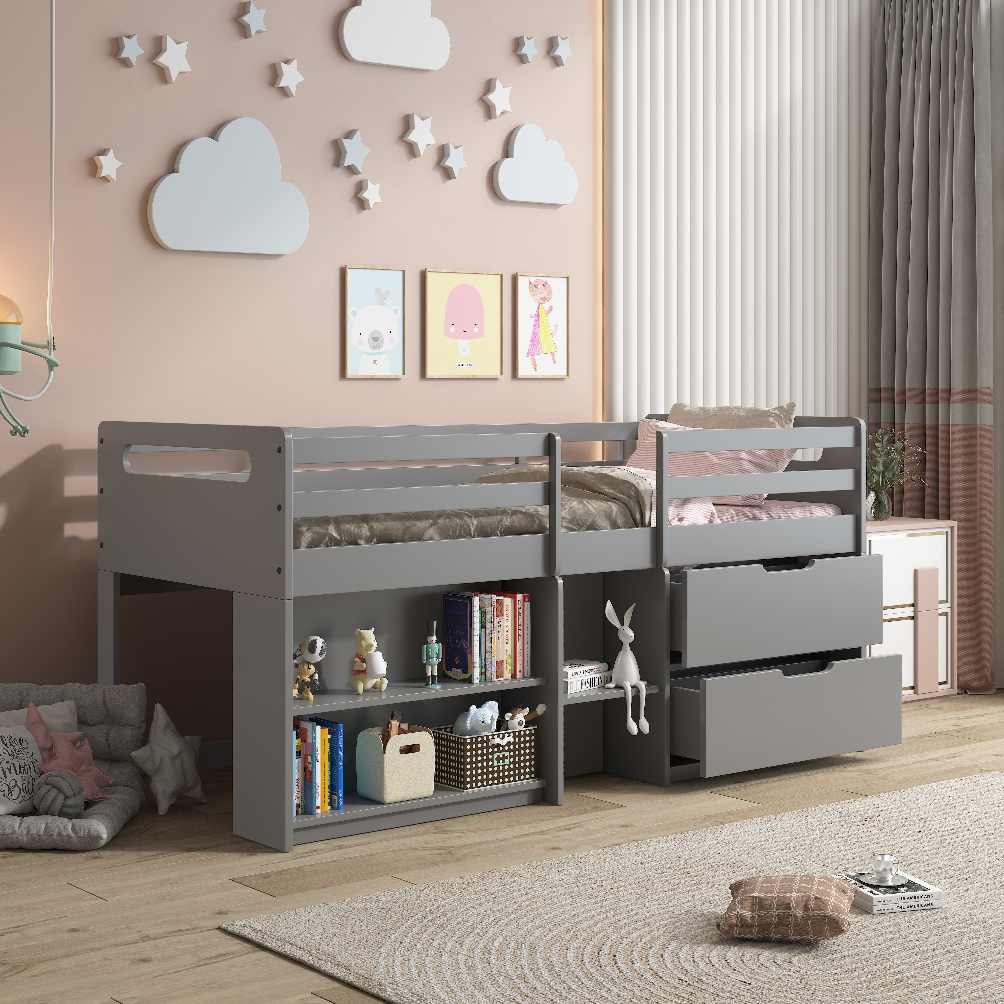 Twin loft bed online with bookshelf