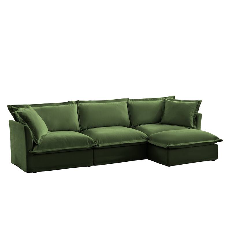 Modern 3 Seater Upholstered Sofa with 1 Ottoman and 2 Pillows - Green,Chenille