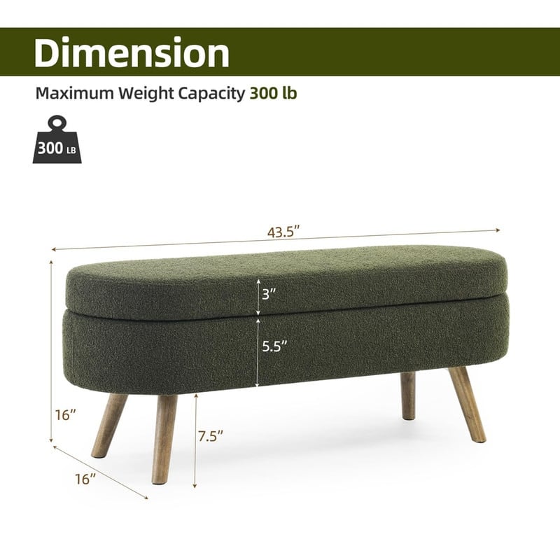 44" Beige Boucle Storage Ottoman Bench for Living Room Bedroom,Oval Storage Bench Ottoman Foot Rest Wood Legs