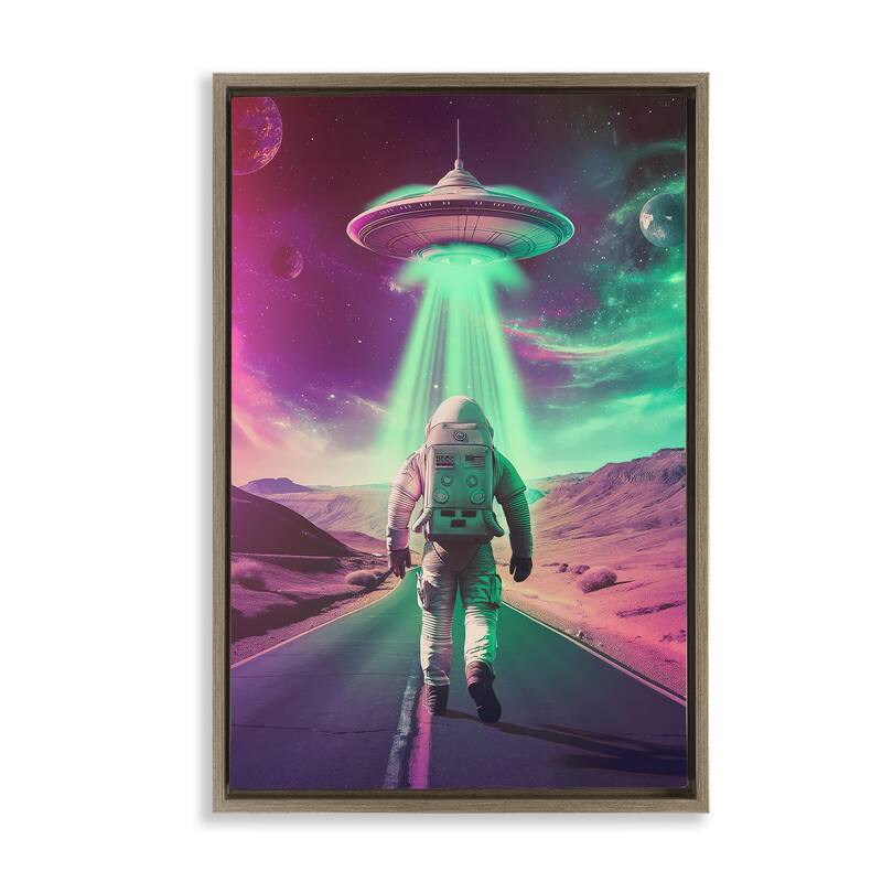 Stupell Astronaut Walking Toward UFO Framed Floater Canvas Wall Art Design By Wumples - 21 x 31 - Brown