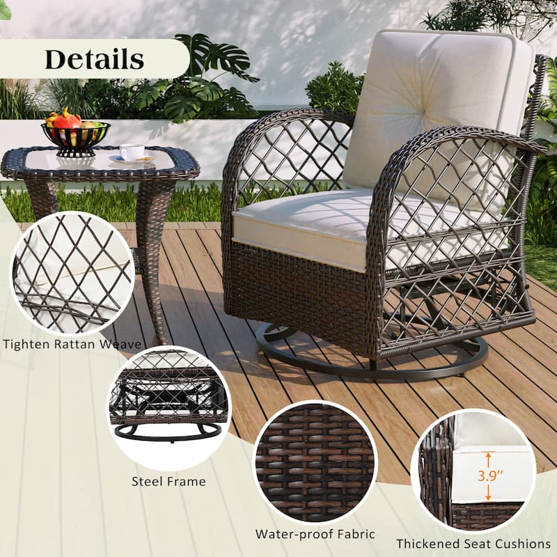 3-Piece Outdoor Rattan Seating Group with 2 Swivel Chairs & 1 Square Table