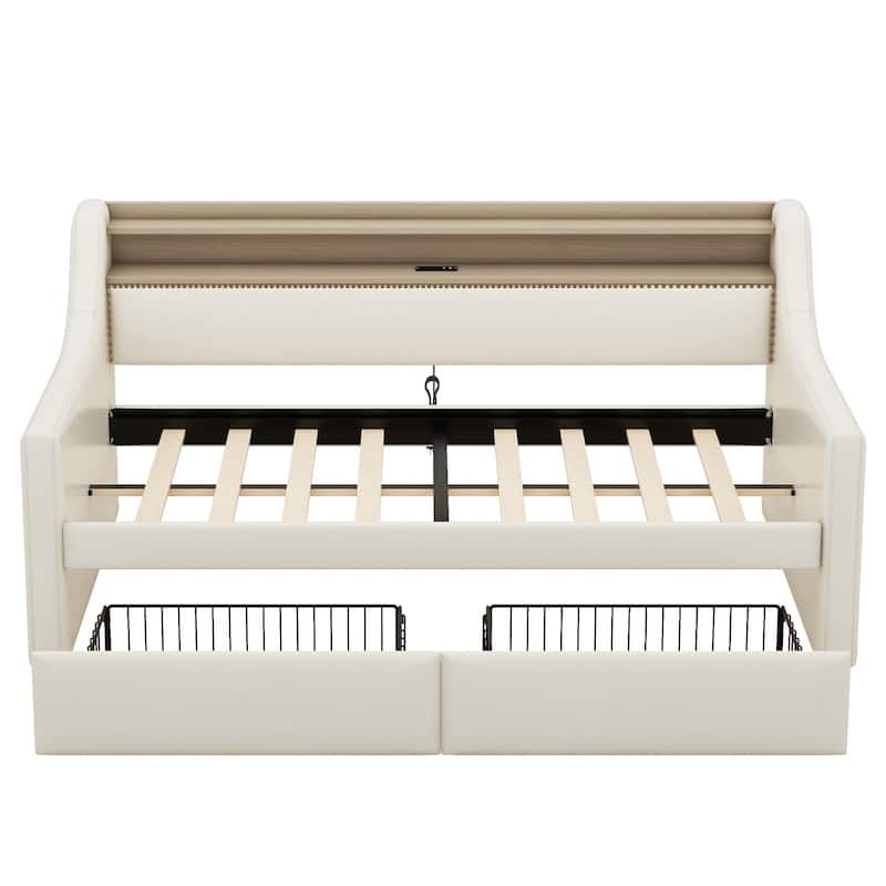 Beige Twin Size Upholstered Daybed with Storage Drawers,Charging Station and LED Lights