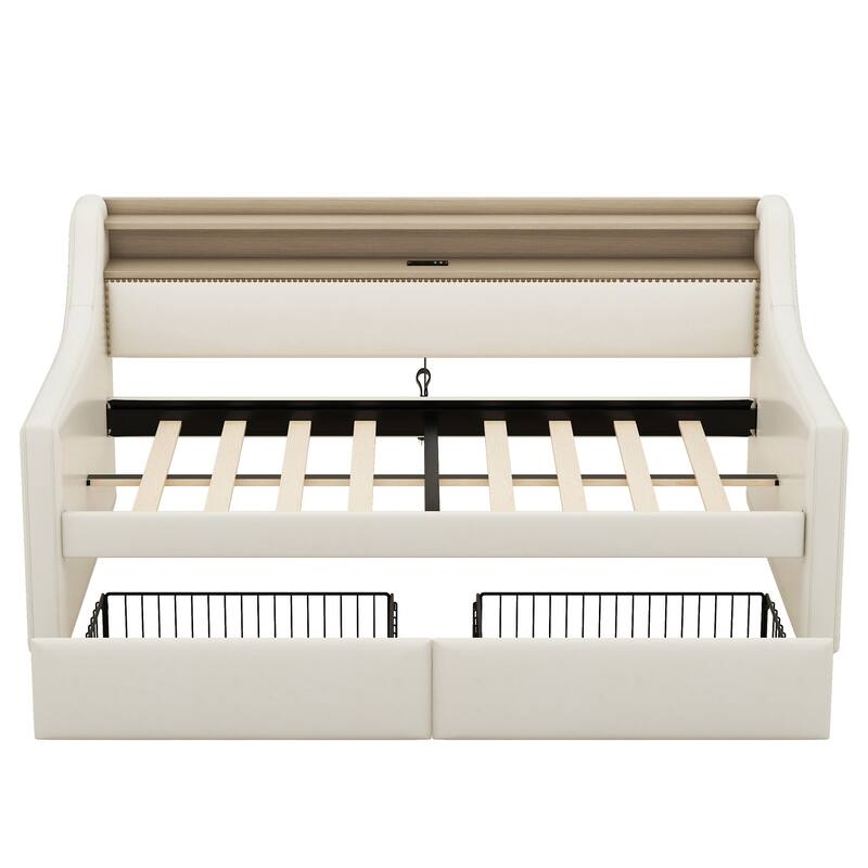 PU Leather Upholstered Platform Bed Twin Size Daybed with Open Shelf, Storage Drawers, Charging Station and LED Lights