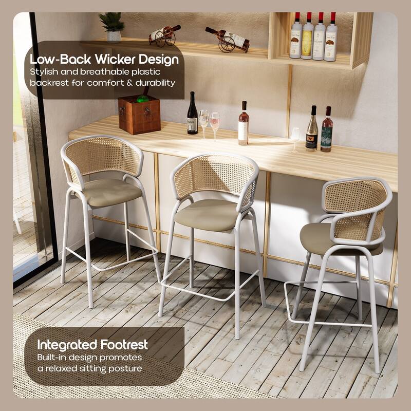 LeisureMod Ervilla Set of 2 Modern Wicker Leather Bar Stool with Curved Back & White Steel Frame for Home Office Dining Room