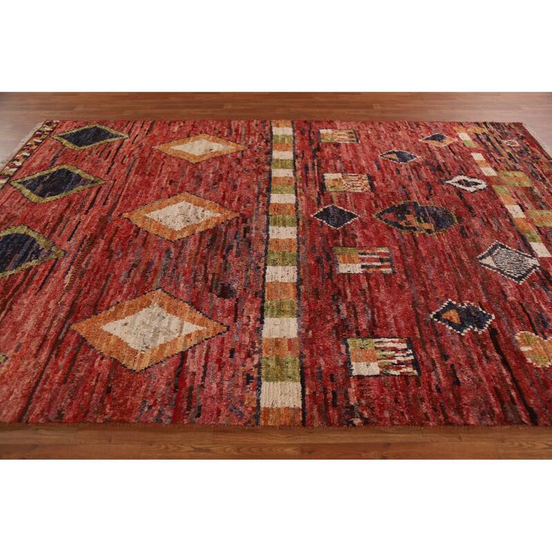 Hand Knotted Oriental 100% Wool Carpet Modern Tribal Red Moroccan Area Rug - 9' 11'' X 6' 9''