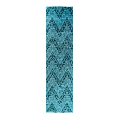 Modern One-of-a-Kind Hand-Knotted Runner Rug - Blue, 4' 1" x 16' 4" - 4' 1" x 16' 4"