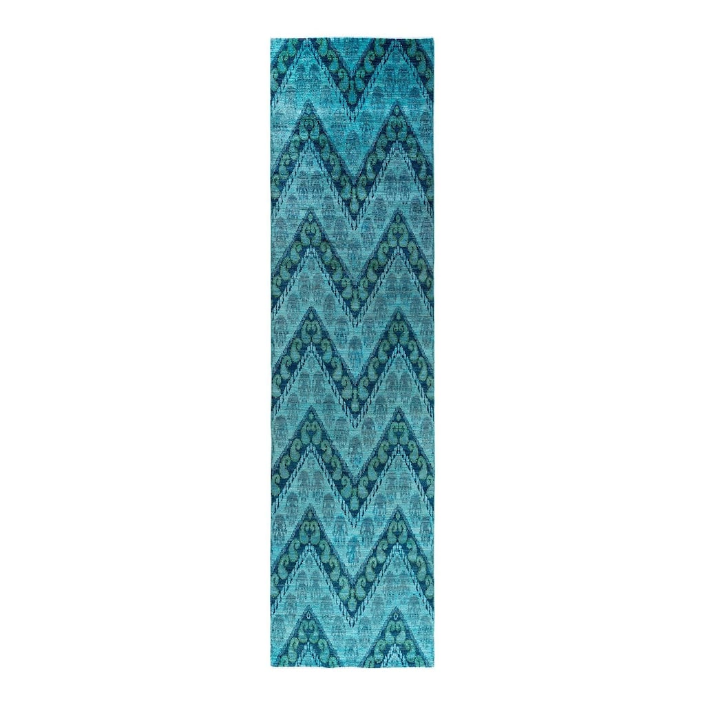 Modern One-of-a-Kind Hand-Knotted Runner Rug - Blue, 4' 1" x 16' 4" - 4' 1" x 16' 4"