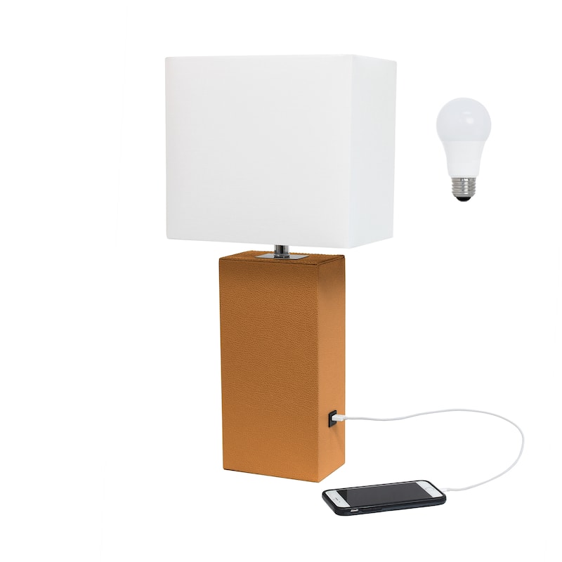 Elegant Designs 21" Modern Leather Wrapped Table Lamp with USB Port, With LED Bulb - White Shade/Tan Base