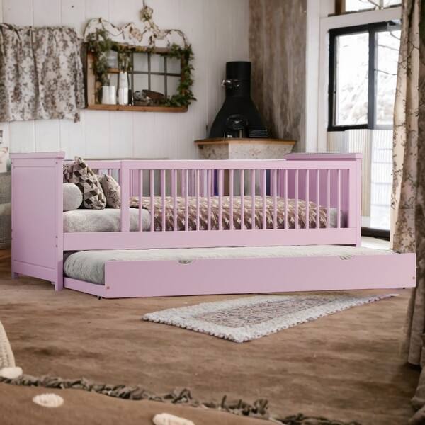 slide 2 of 11, Pink Twin Bed Frame Platform Bed Daybed with Guardrail and Trundle