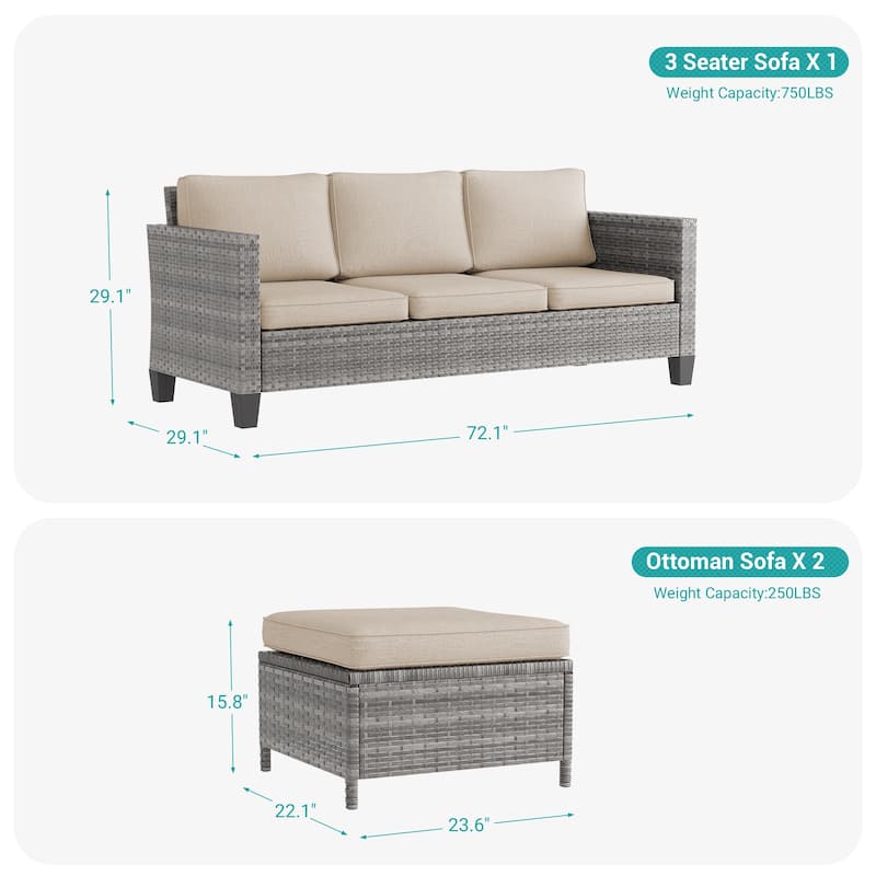 BONOSUKI 3-Piece Patio Sofa Set Grey Rattan Furniture with Ottomans