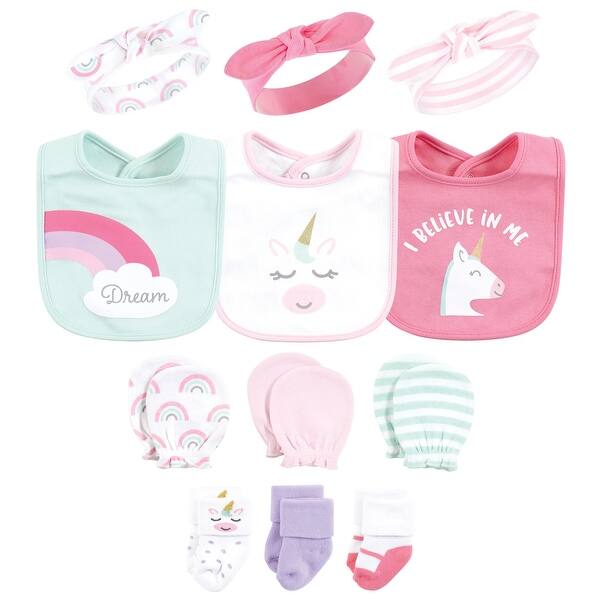 slide 1 of 1, Hudson Baby Infant Girl Caps or Headbands, Bibs, Mittens and Socks 12pc Set, Unicorn, 0-6 Months - Unicorn Unicorn - 0-6 Months