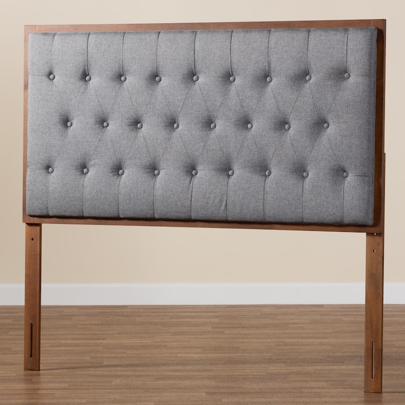 Harumi Classic and Traditional Grey Fabric and Walnut Brown Finished Wood Headboard