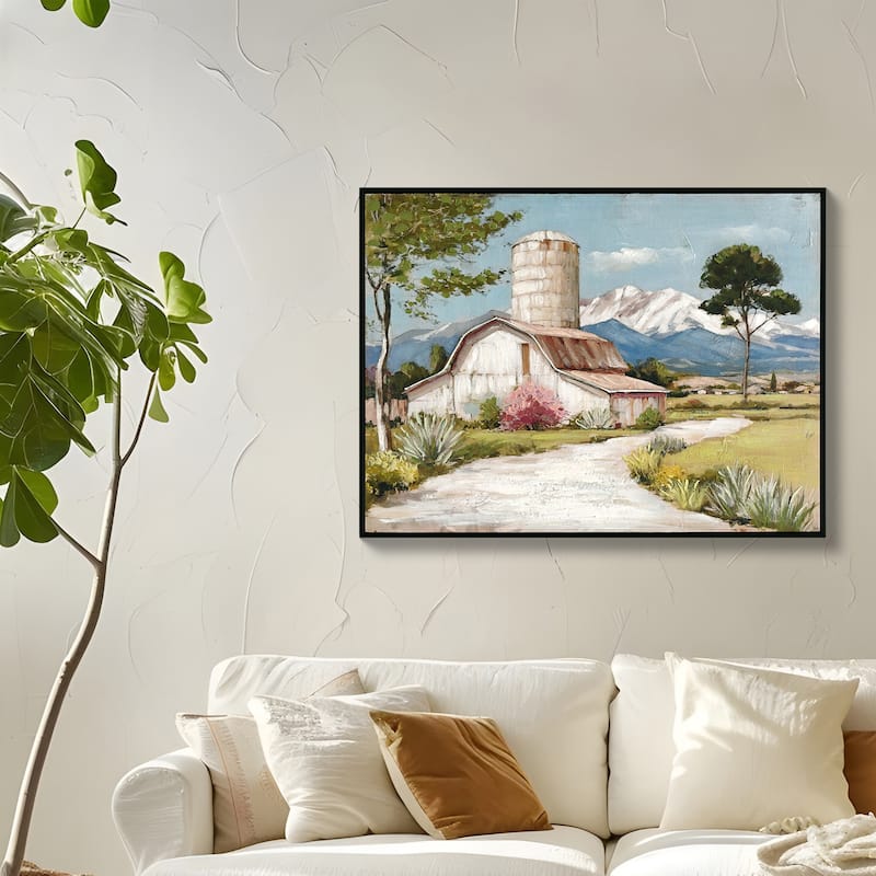 Framed Rustic Farmhouse Canvas Wall Art. Beautiful Field Painting Wildflower Barn Print Nature Scenery Picture