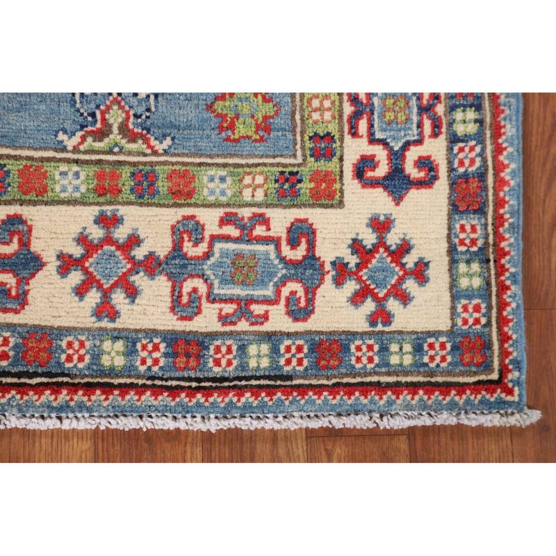 Light Blue Geometric Kazak Rug Hand-Knotted Wool Carpet - 3'3" x 4'11"