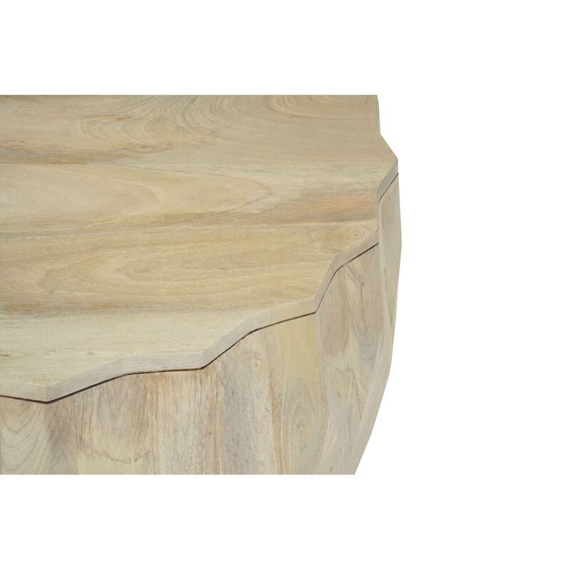 Facet 30" Diamond Carved Round Mango Wood Coffee Table - Elegant Cylindrical Base, Walnut Finish Accent Table