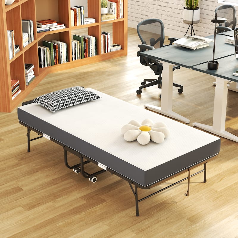 75" Folding Bed with Adjustable Headboard, 5" Memory Foam Rollaway Bed for Tall People, Heavy-Duty Portable Guest Bed