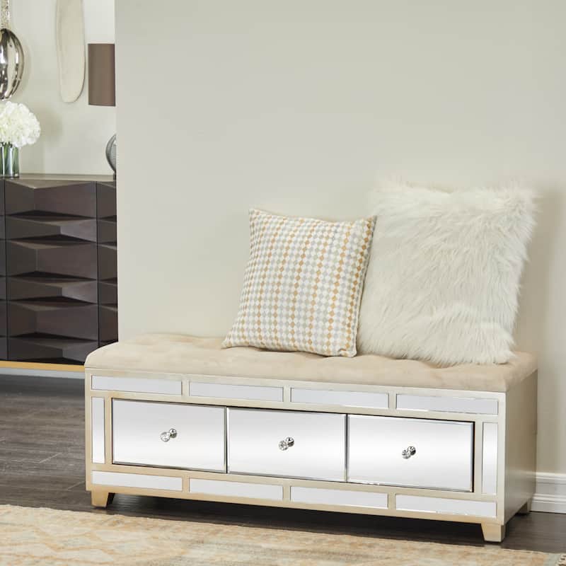 Gray or Cream Wood Mirrored 3 Drawer Bench with Upholstered Seat