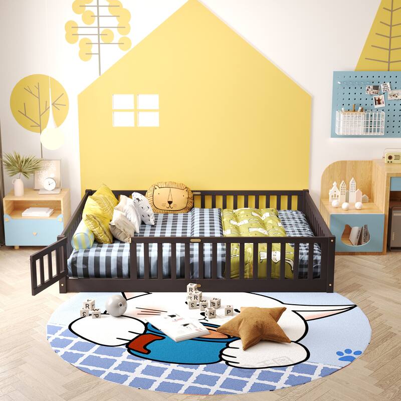 Floor Platform Bed with Fence Guardrails and Door
