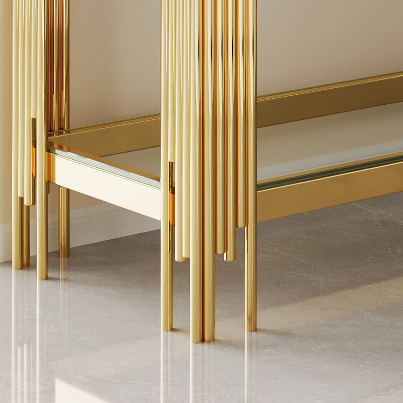 Top and Bottom Double Layer Tempered Glass Console Table and Mirror Finished Stainless Steel Frame