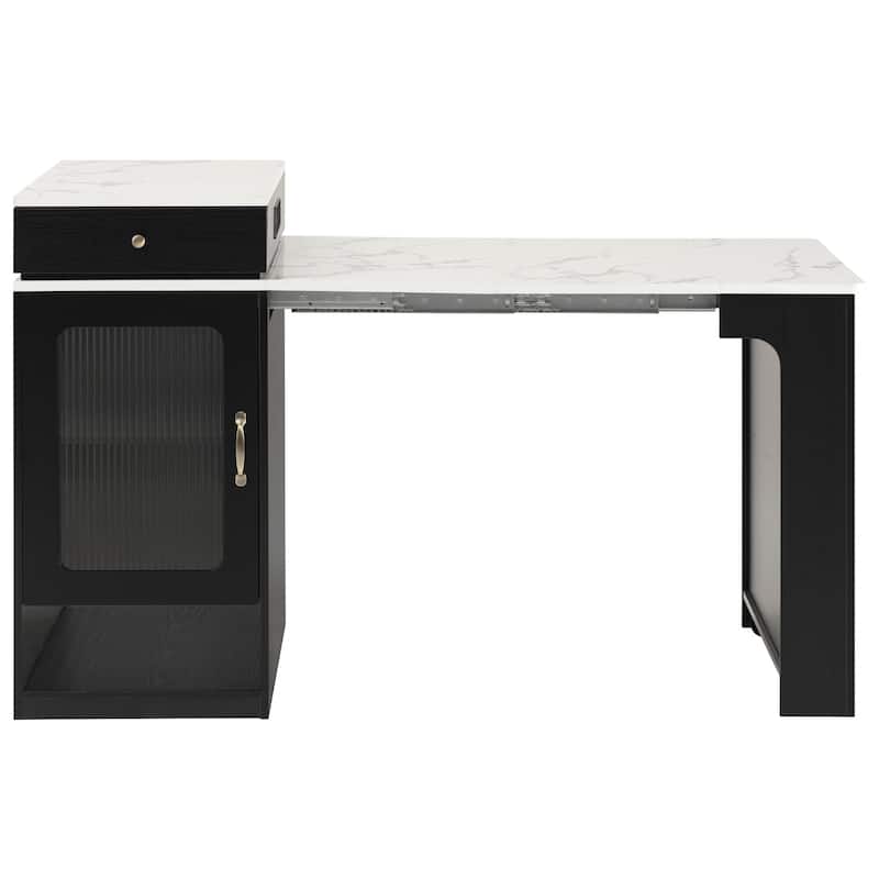 59.5" Kitchen Island with Extendable Table & Power Outlet, Storage Cart with 2 Drawers and Open Shelves - Black