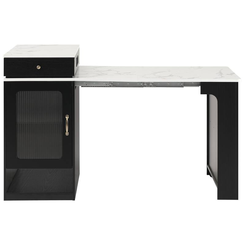 Kitchen Island with Extendable Dining Table, Kitchen Storage Table with 2 Drawers, Power Outlet, Open Shelves, for Diningroom