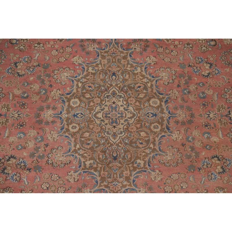 Hand Knotted Oriental 100% Wool Carpet Traditional Floral Pink Mashad Area Rug - 12' 10'' X 9' 7''