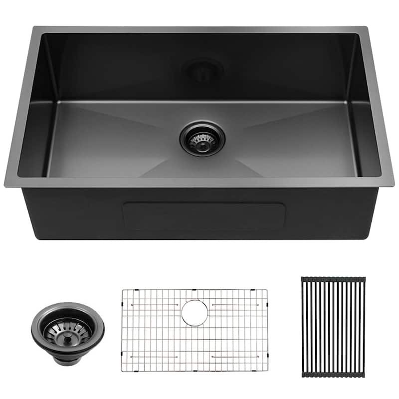 28 Inch Undermount 16 Gauge Single Bowl Stainless Steel Kitchen Sink in Gunmetal Black - 28'' x 18'' x 10''