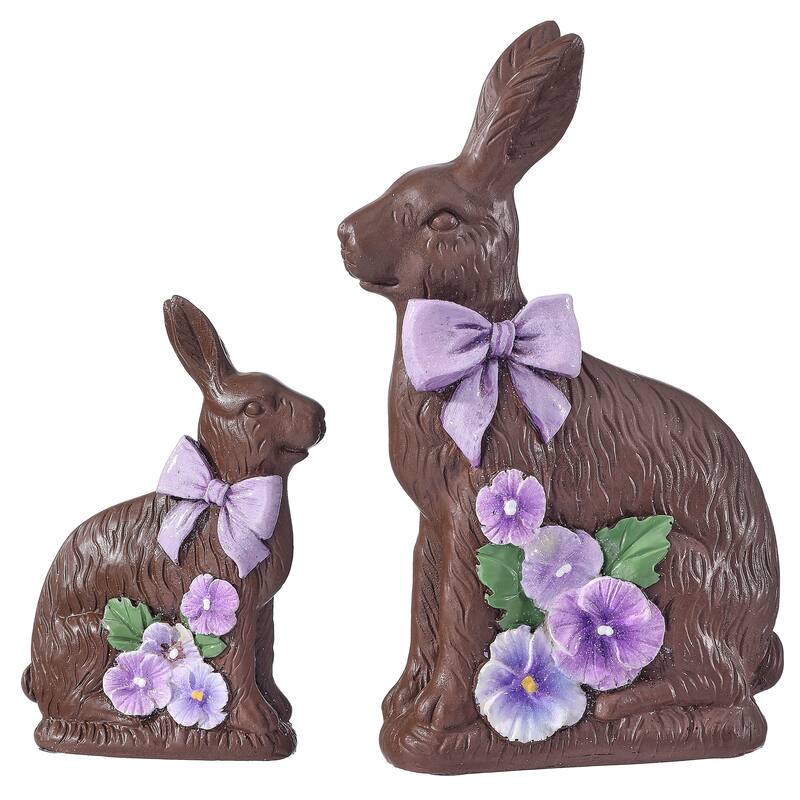 5-7.5" Resin Chocolate Bunny With Pansy Set of 2