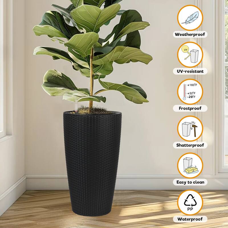 Set of 2 Faux Rattan Tall Planters Outdoor Indoor Large Planters with Water Level Monitor Inner Bucket