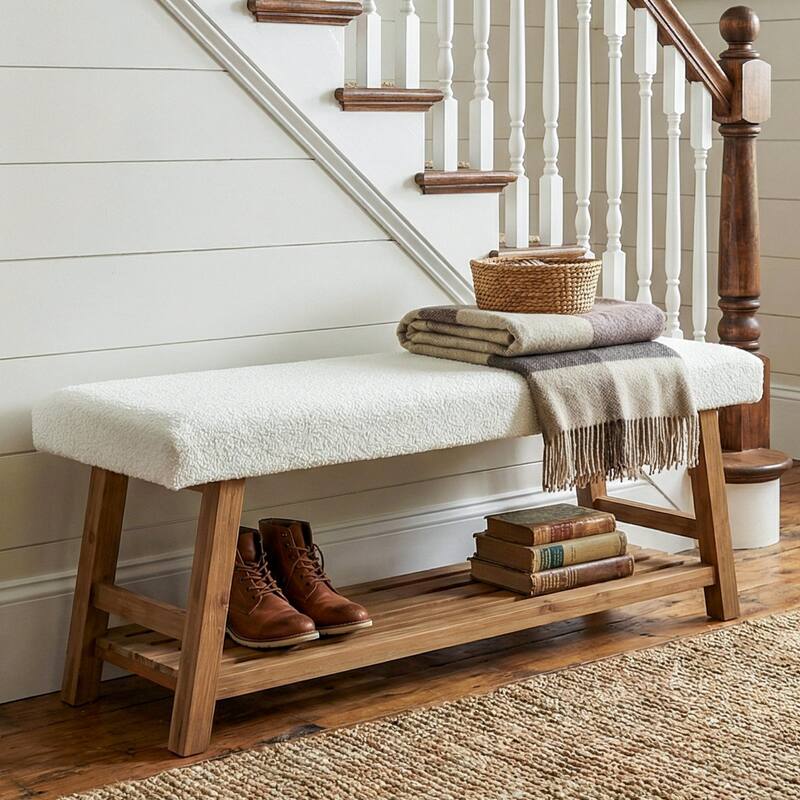 55 Inch Upholstered Entryway Bench with Cushion, Solid Wood Shoe Rack Bench with Shelf for Bedroom, Kitchen, Dining Room