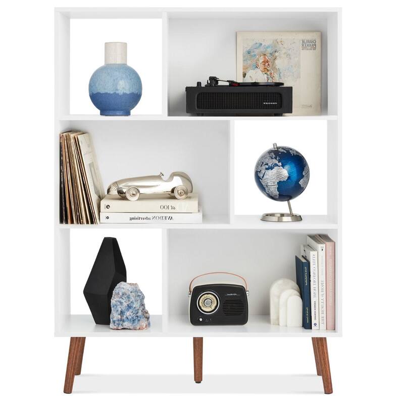 Mid Century Modern Bookcase Storage Unit with Wood Grain Finish - 39"(L) x 12"(W) x 52.25"(H) - White