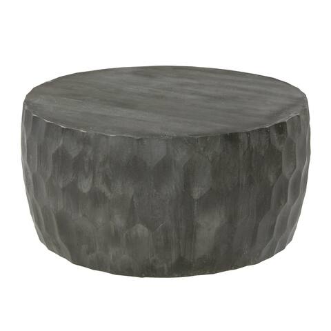 33 Inch Wooden Round Drum Coffee Table with Geometric Carved Pattern, Gray