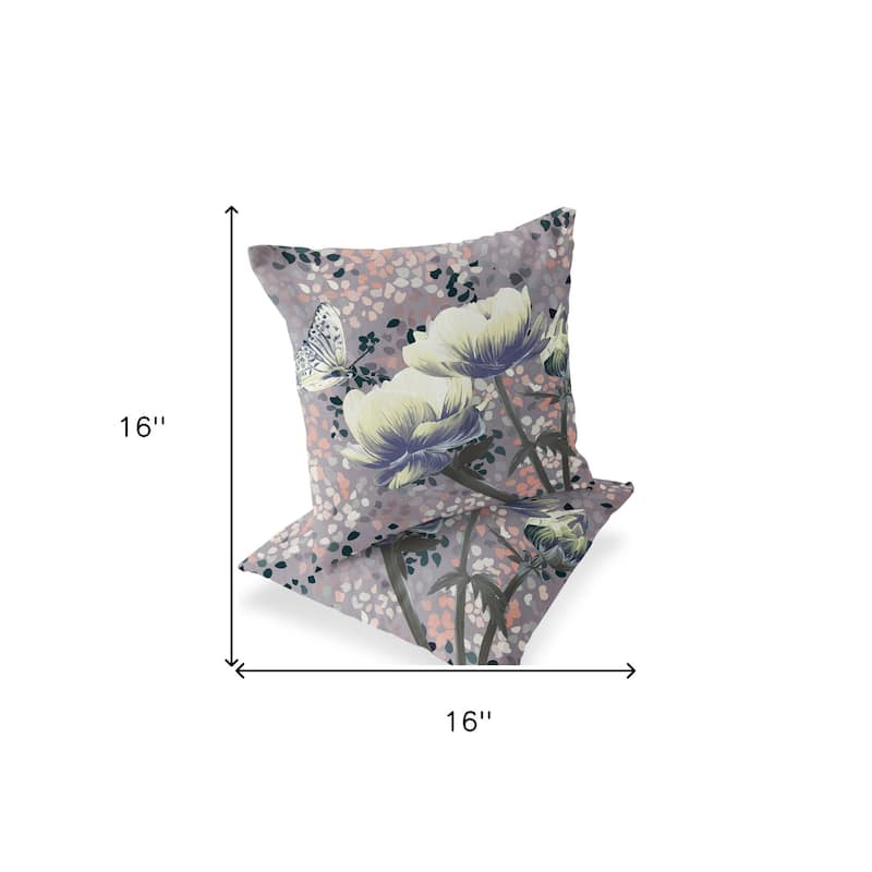 HomeRoots Set of Two 16" X 16" Gray and Yellow Butterfly Blown Seam Floral Indoor Outdoor Throw Pillow