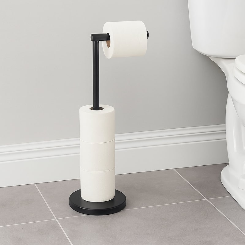 Sleek Toilet Paper Holder with Folding Arm and Reserve Compact Freestanding Metal Holder - Diameter 8 inches X 22" H - Black