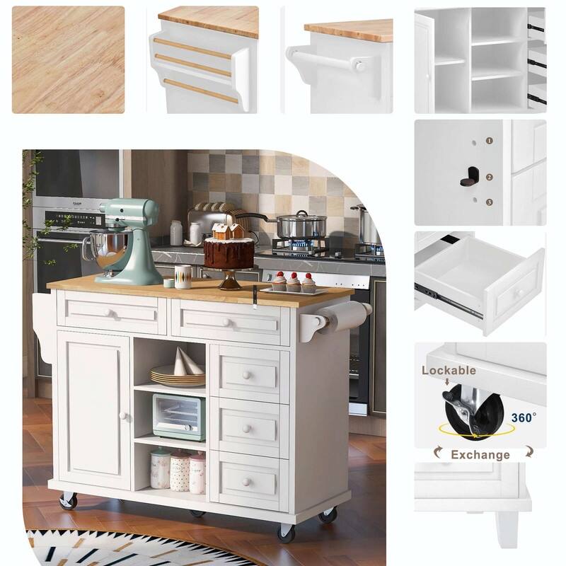 53-Inch Width kitchen Island cart with storage and 5 draws