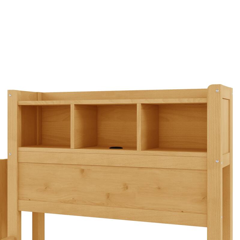 Twin Size Bed with Drawers, Wood Twin Bed with Storage Headboard and Pull Out Storage Cabinet, Wood Bed with Light and Socket