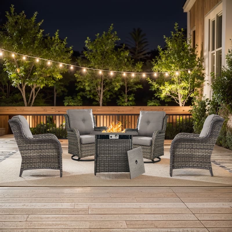 Gymojoy 5-Piece Outdoor Furniture Conversation Set, 2 Swivel Chairs, 2 Patio Chairs & 55K BTU Fire Pit Table - Grey Wicker / Grey Cusion - 5-Piece