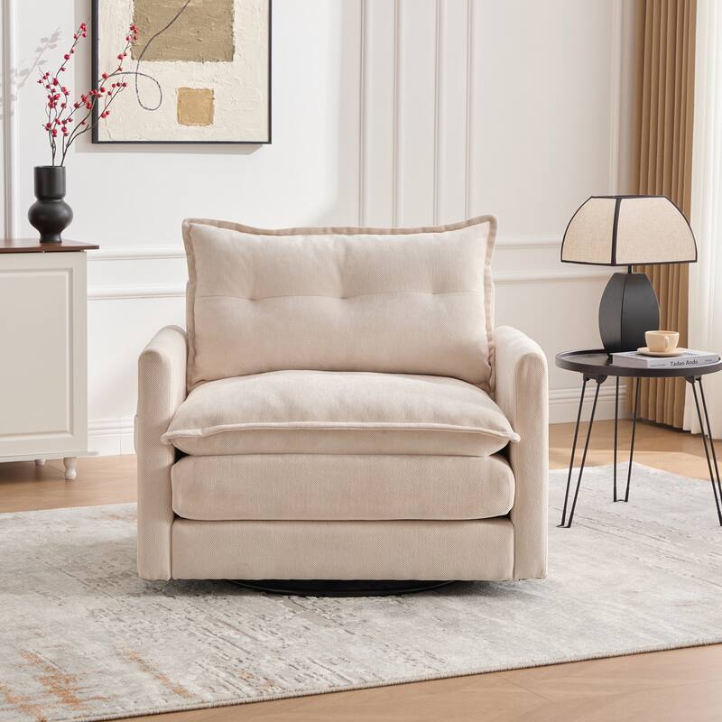 Swivel Barrel Chair - Mid Century Modern Chair, Thick Padded Arm Chair with Solid Metal Base, Comfortable Single Sofa Chair - Beige