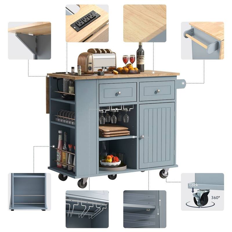 47" Modern Kitchen Cart with Electrical Outlet, Rubberwood Kitchen Island with Drop Leaf and Adjustable Storage Cabinet