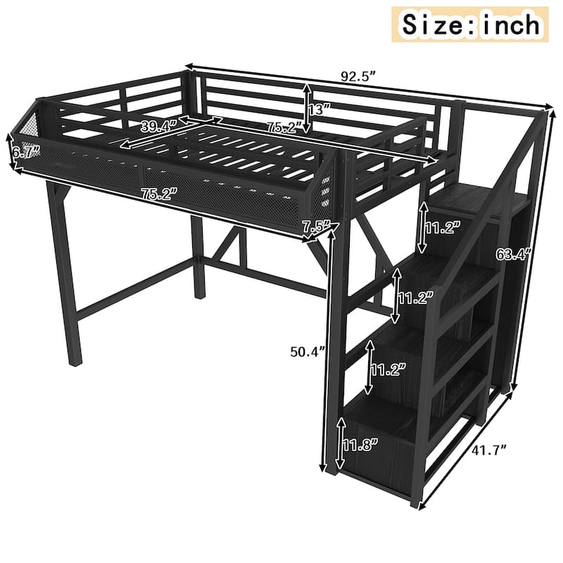 Twin XL/Twin Metal Loft Bed with Storage Stairs, Wardrobe, USB Ports & LED Lights