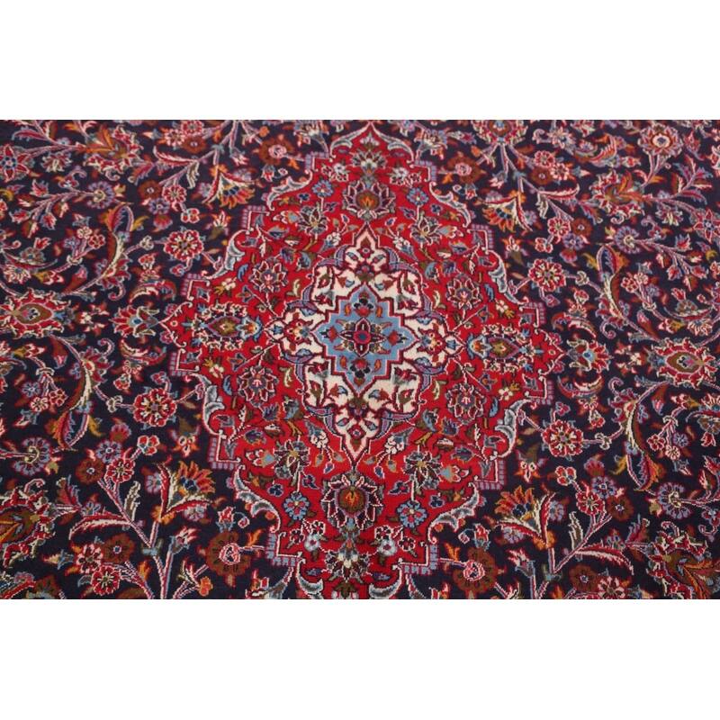 Hand Knotted Oriental 100% Wool Carpet Traditional Floral Navy Blue & Blues Mashad Area Rug - 12' 7'' X 9' 7''