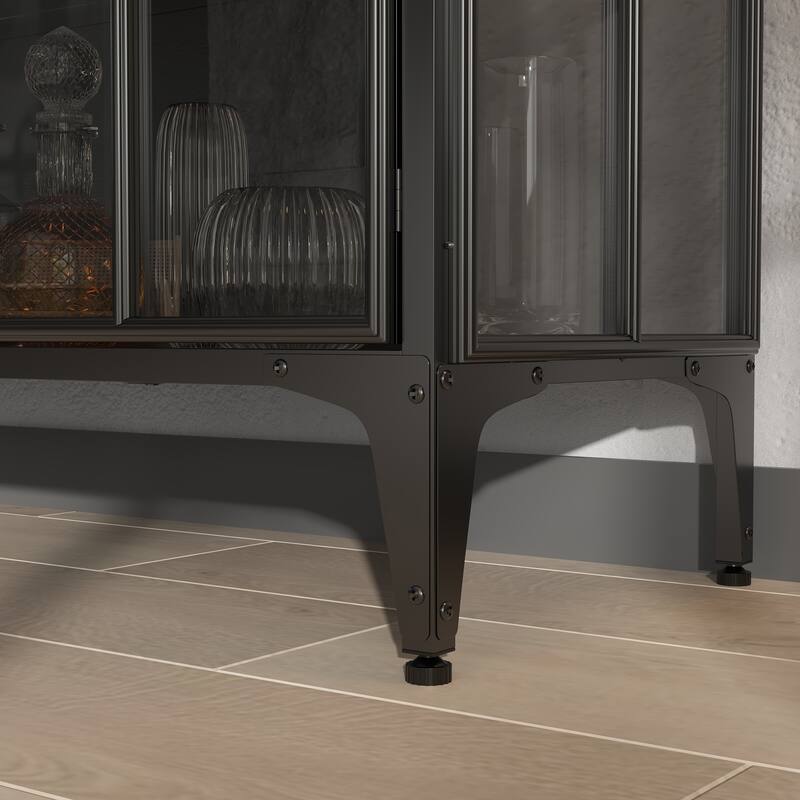 63" Black Glass Door Sideboard Cabinet with LED Lights, Metal Frame Storage Buffet Cabinet Wine Cabinet