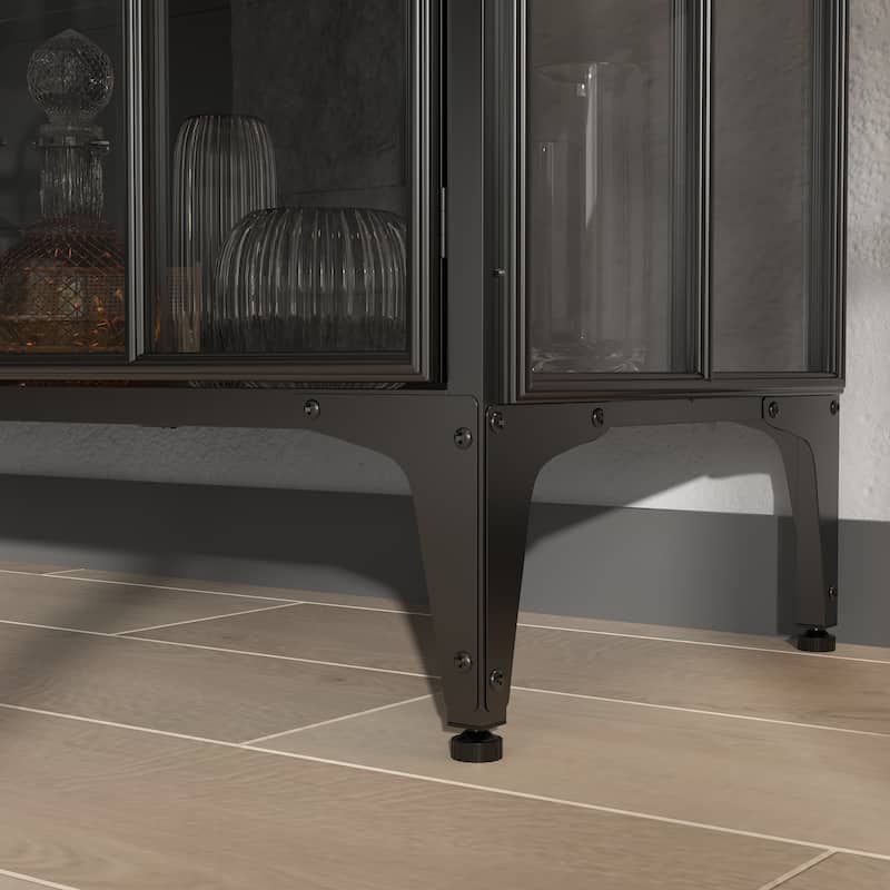 Buffet LED Light Industrial Glass Sideboard with Metal Frame and Tempered Glass Doors